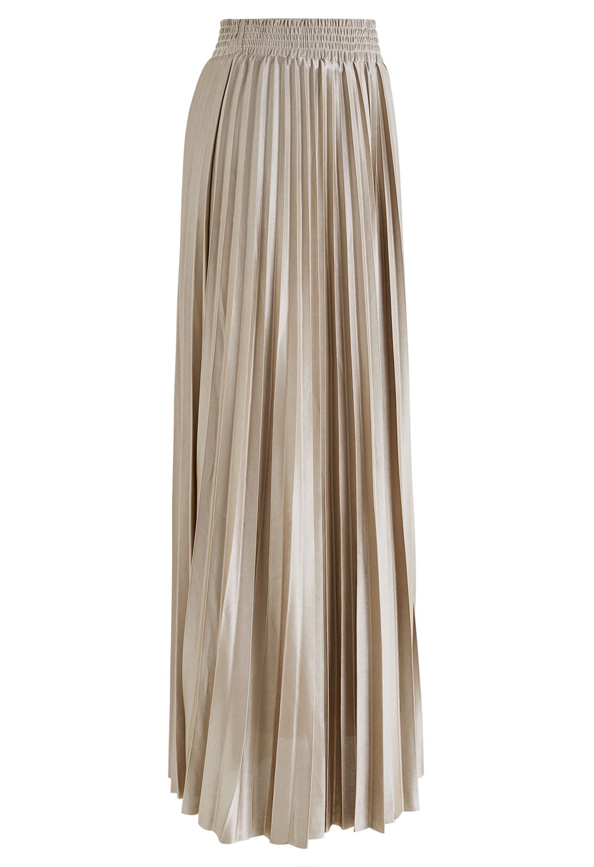 Glossy Pleated Maxi Skirt in Light Tan