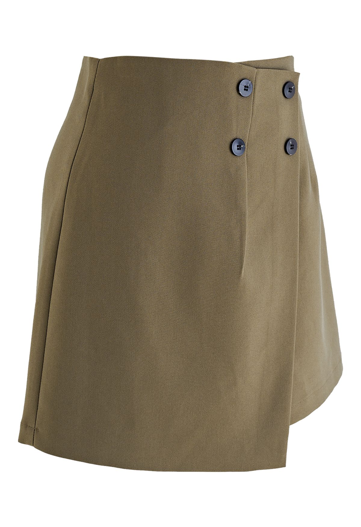 Buttoned Front Flap Mini Bud Skirt in Khaki