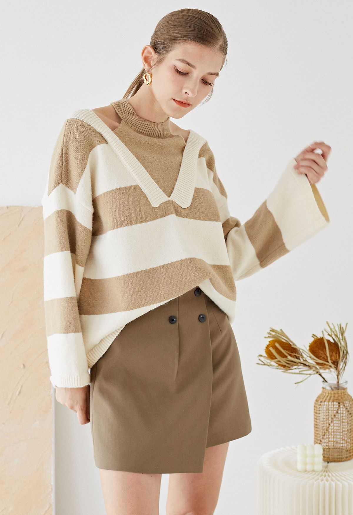 Fake Two-Piece Cold-Shoulder Striped Sweater in Camel