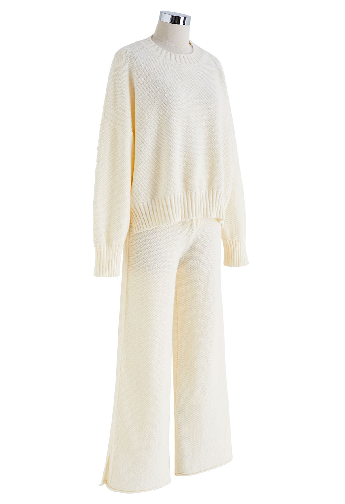 Waffle Knit Hi-Lo Sweater and Wide Leg Pants Set in Cream