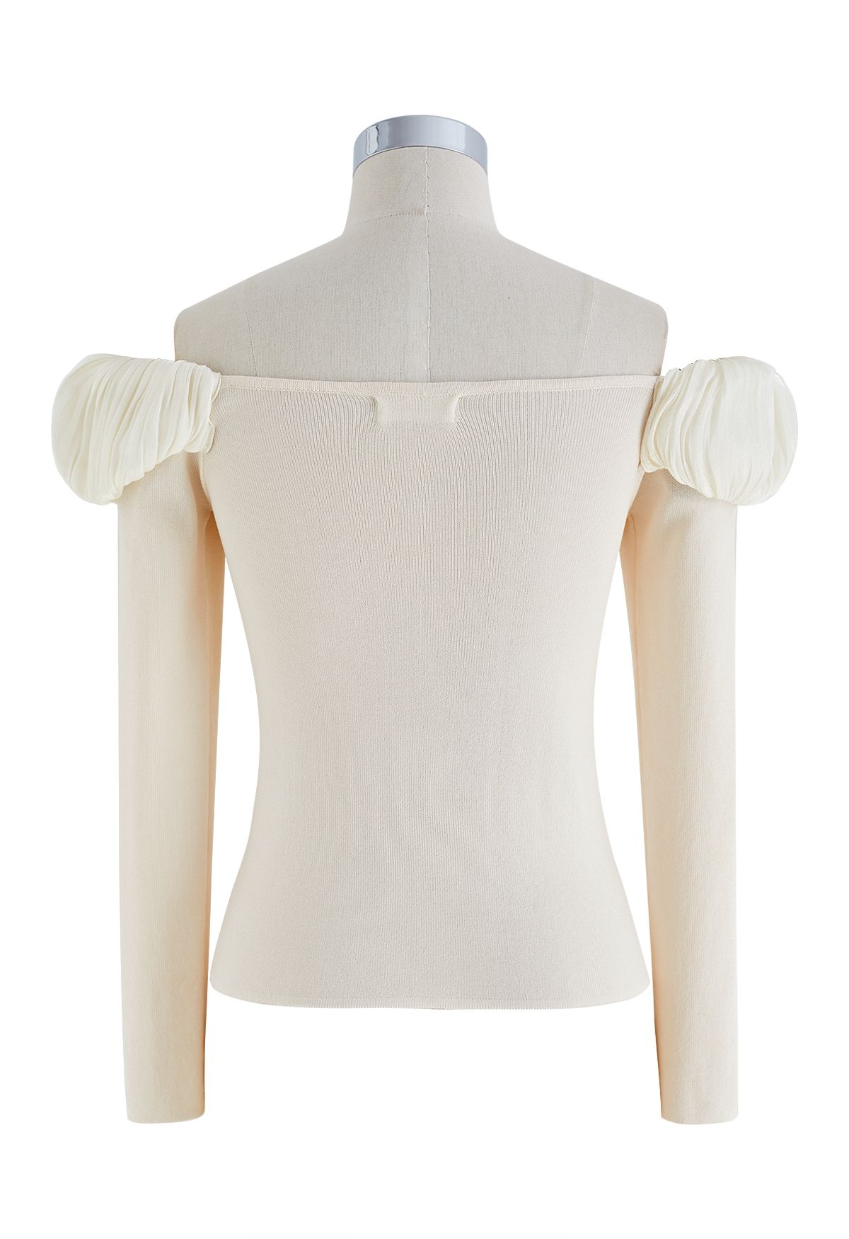 Spliced Ruched Off-Shoulder Knit Crop Top in Cream