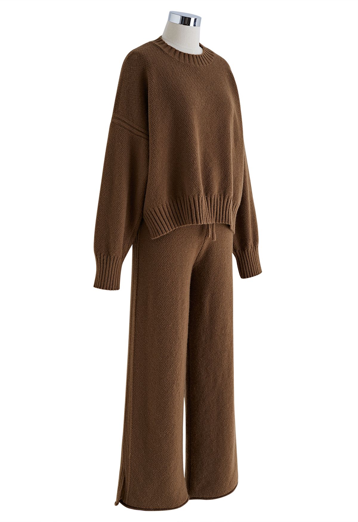 Waffle Knit Hi-Lo Sweater and Wide Leg Pants Set in Brown