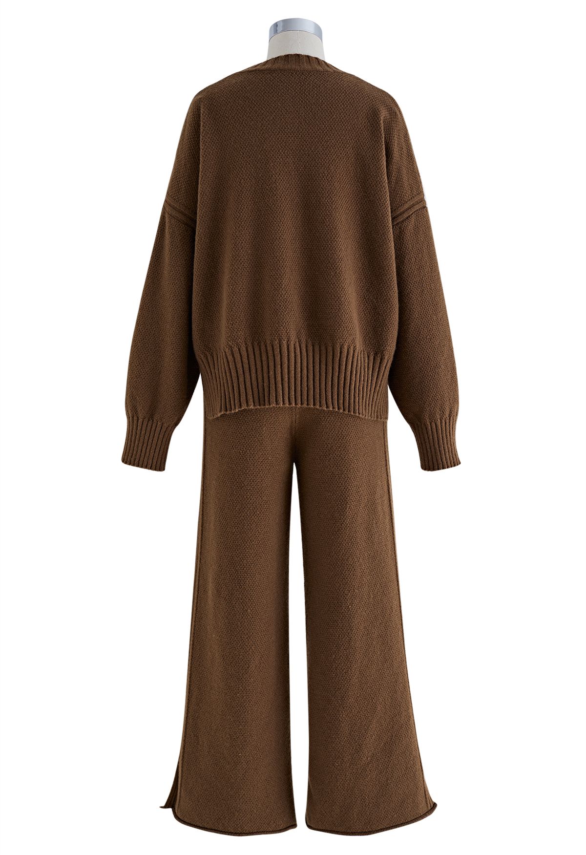 Waffle Knit Hi-Lo Sweater and Wide Leg Pants Set in Brown