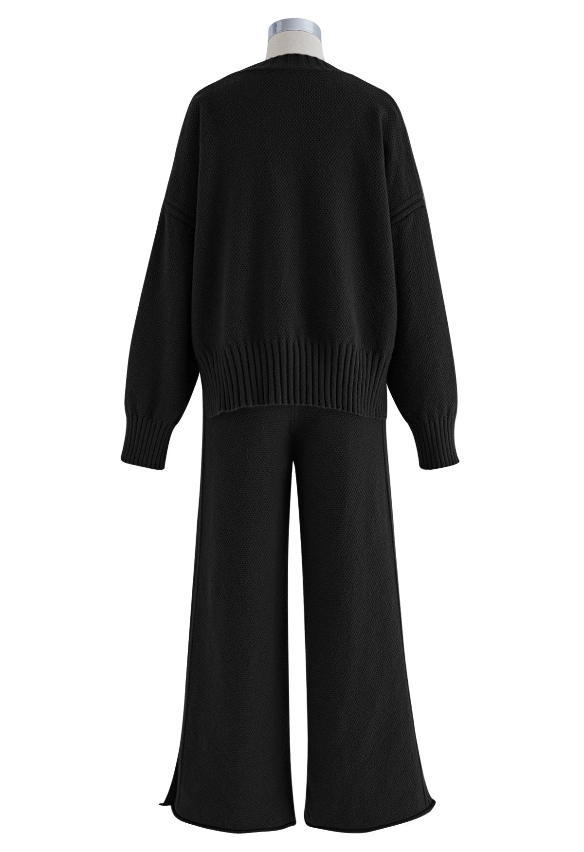 Waffle Knit Hi-Lo Sweater and Wide Leg Pants Set in Black