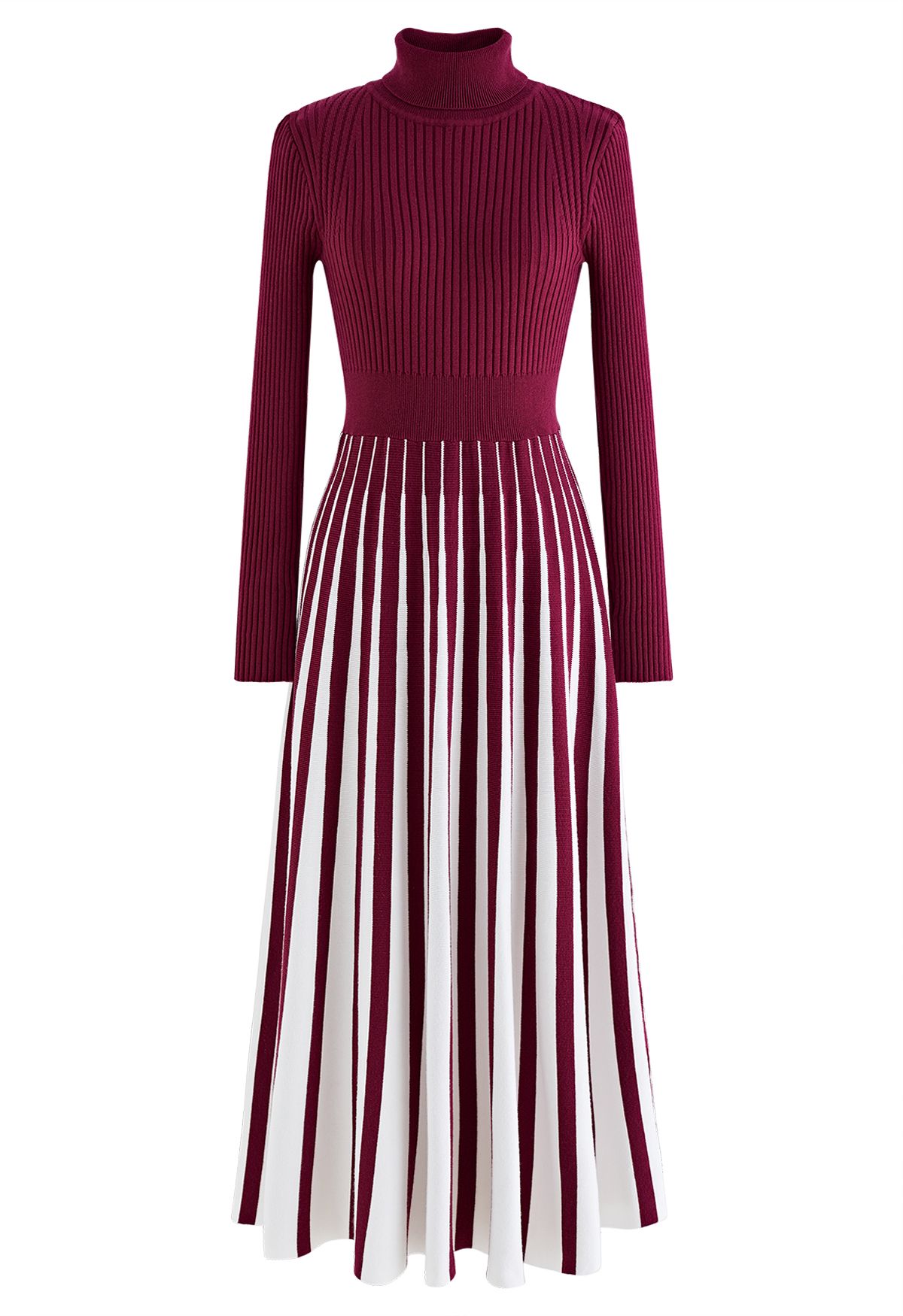 Stripe Print Turtleneck Knit Midi Dress in Burgundy