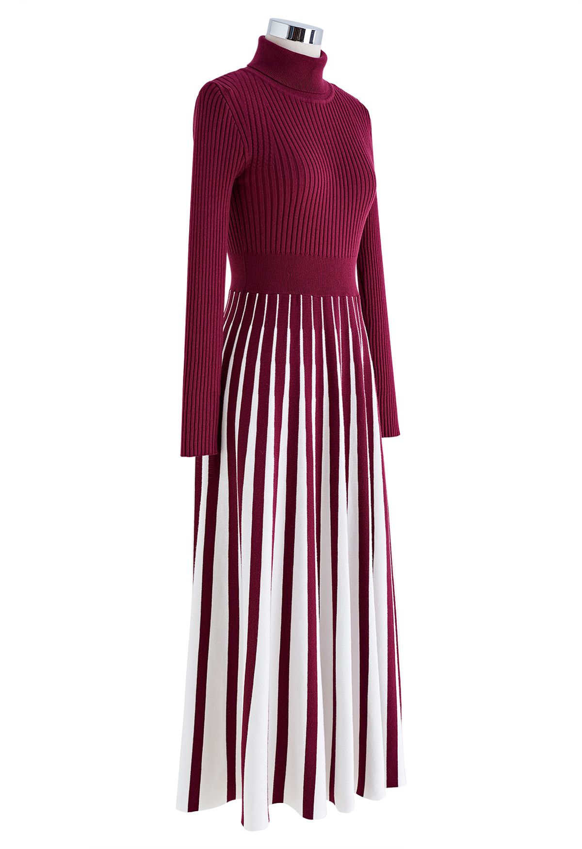 Stripe Print Turtleneck Knit Midi Dress in Burgundy