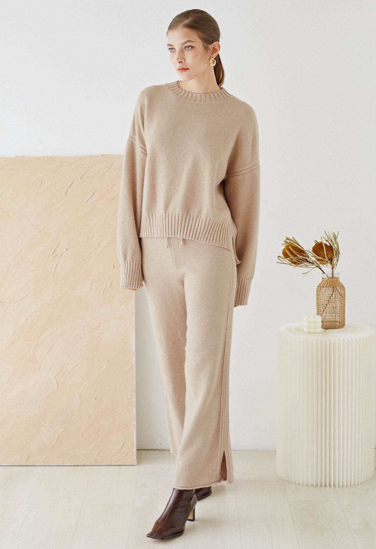 Waffle Knit Hi-Lo Sweater and Wide Leg Pants Set in Camel