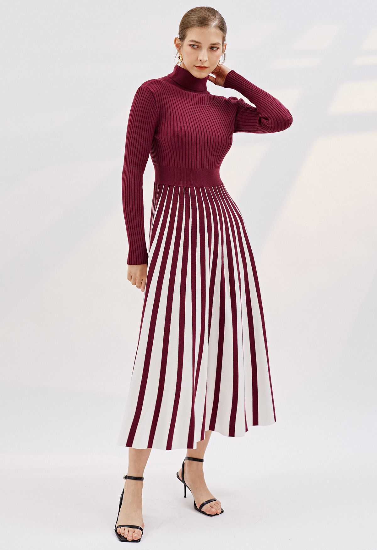 Stripe Print Turtleneck Knit Midi Dress in Burgundy