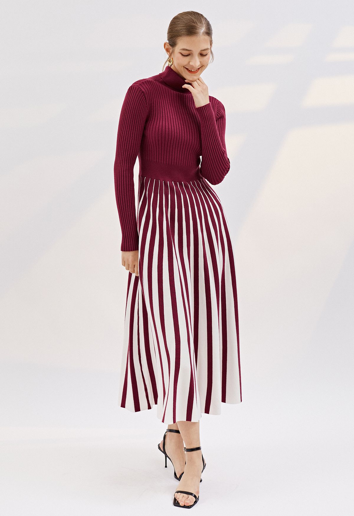 Stripe Print Turtleneck Knit Midi Dress in Burgundy