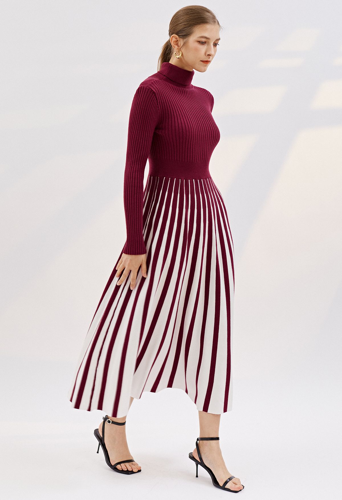 Stripe Print Turtleneck Knit Midi Dress in Burgundy