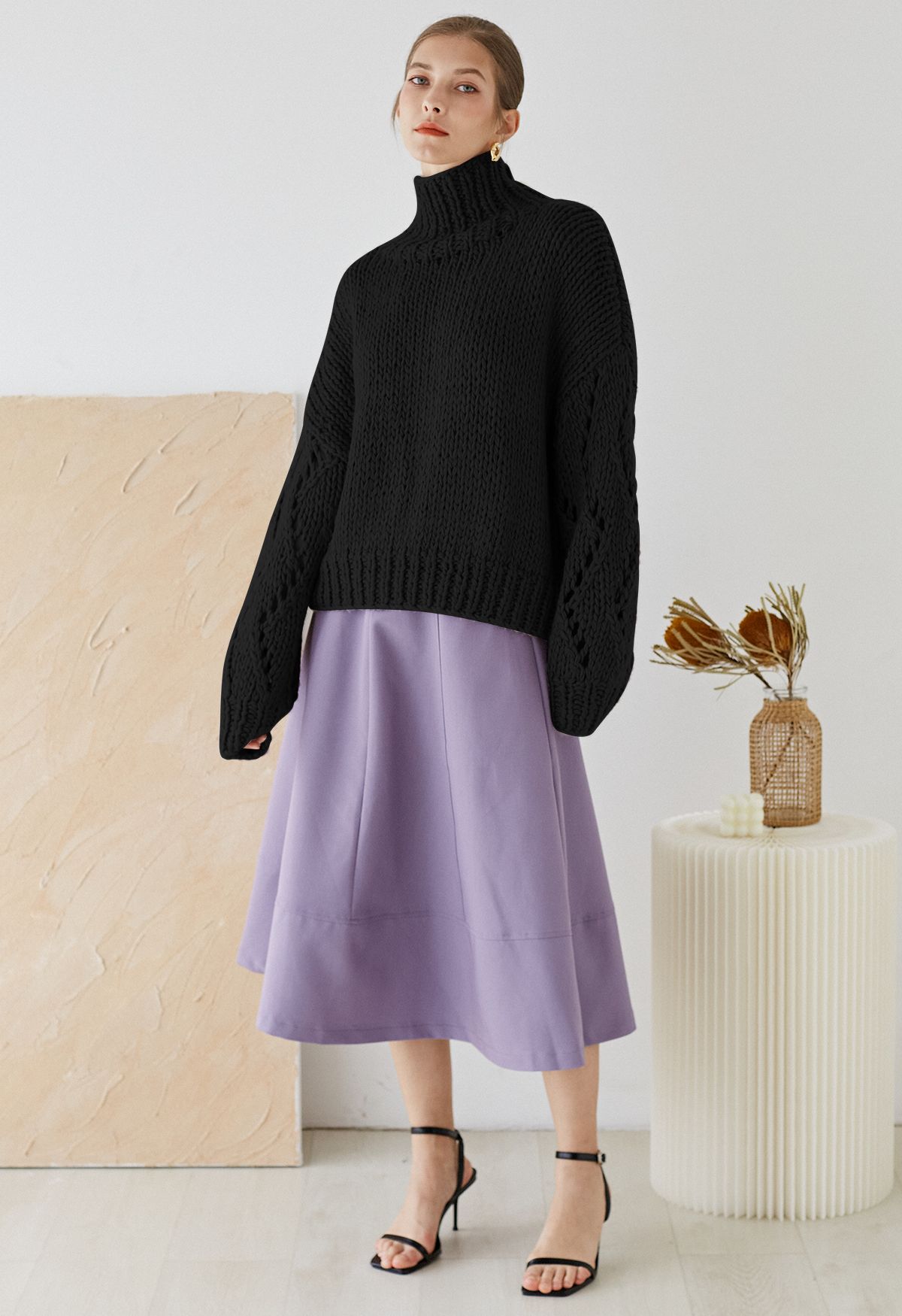 Pointelle Sleeve High Neck Hand-Knit Sweater in Black