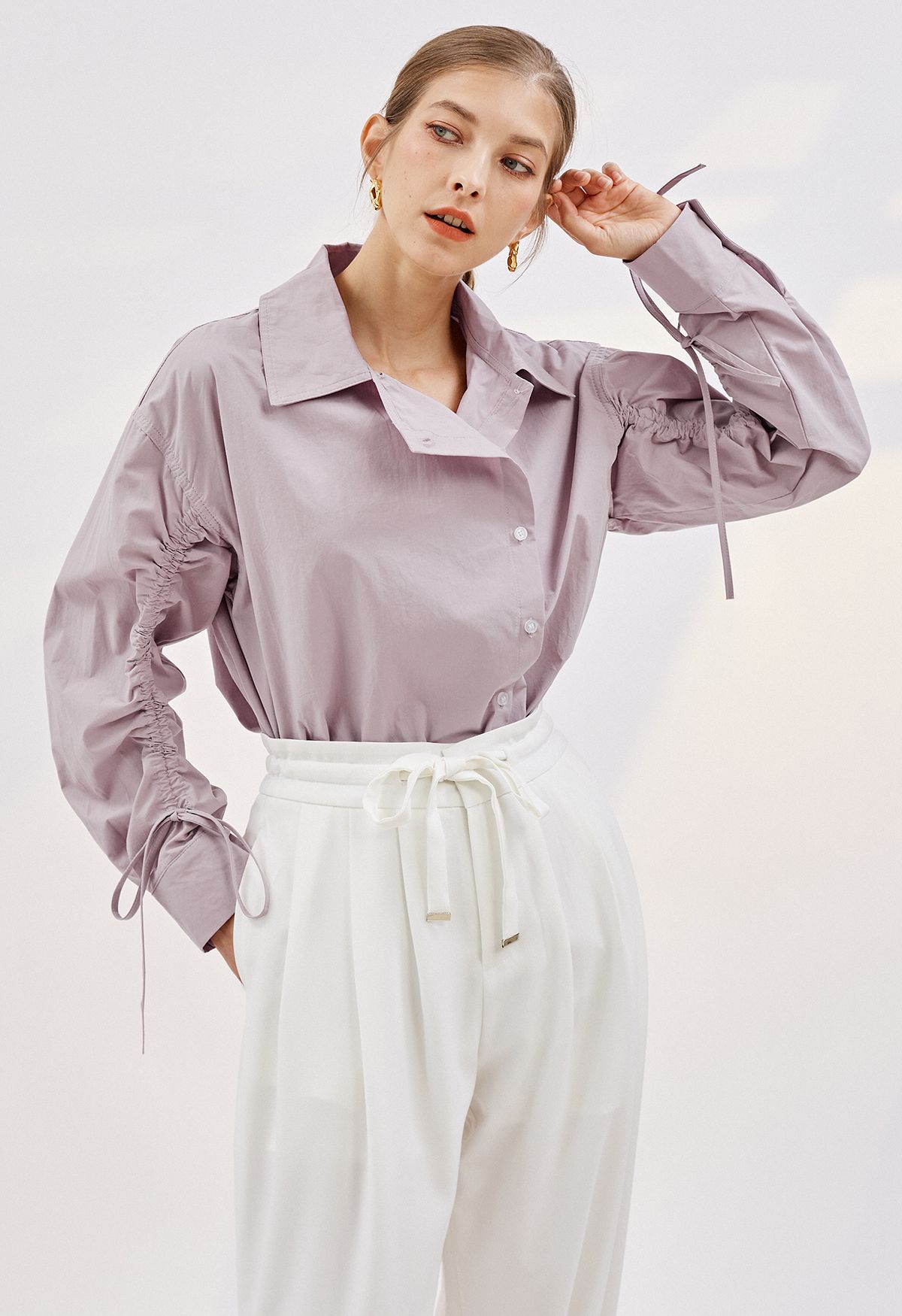 Drawstring Sleeves Button Down Cotton Shirt in Dusty pink