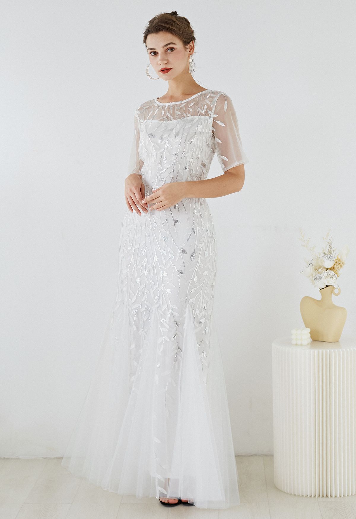 Leaves Branch Sequined Mesh Panelled Gown in White