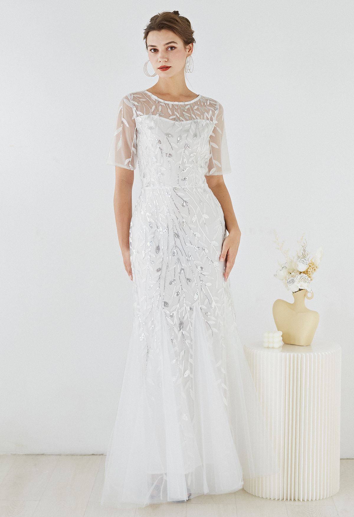 Leaves Branch Sequined Mesh Panelled Gown in White