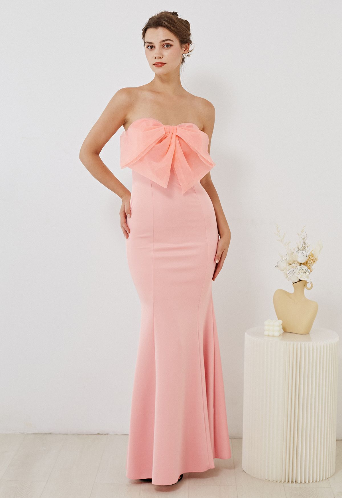 Bowknot Strapless Mermaid Gown in Pink