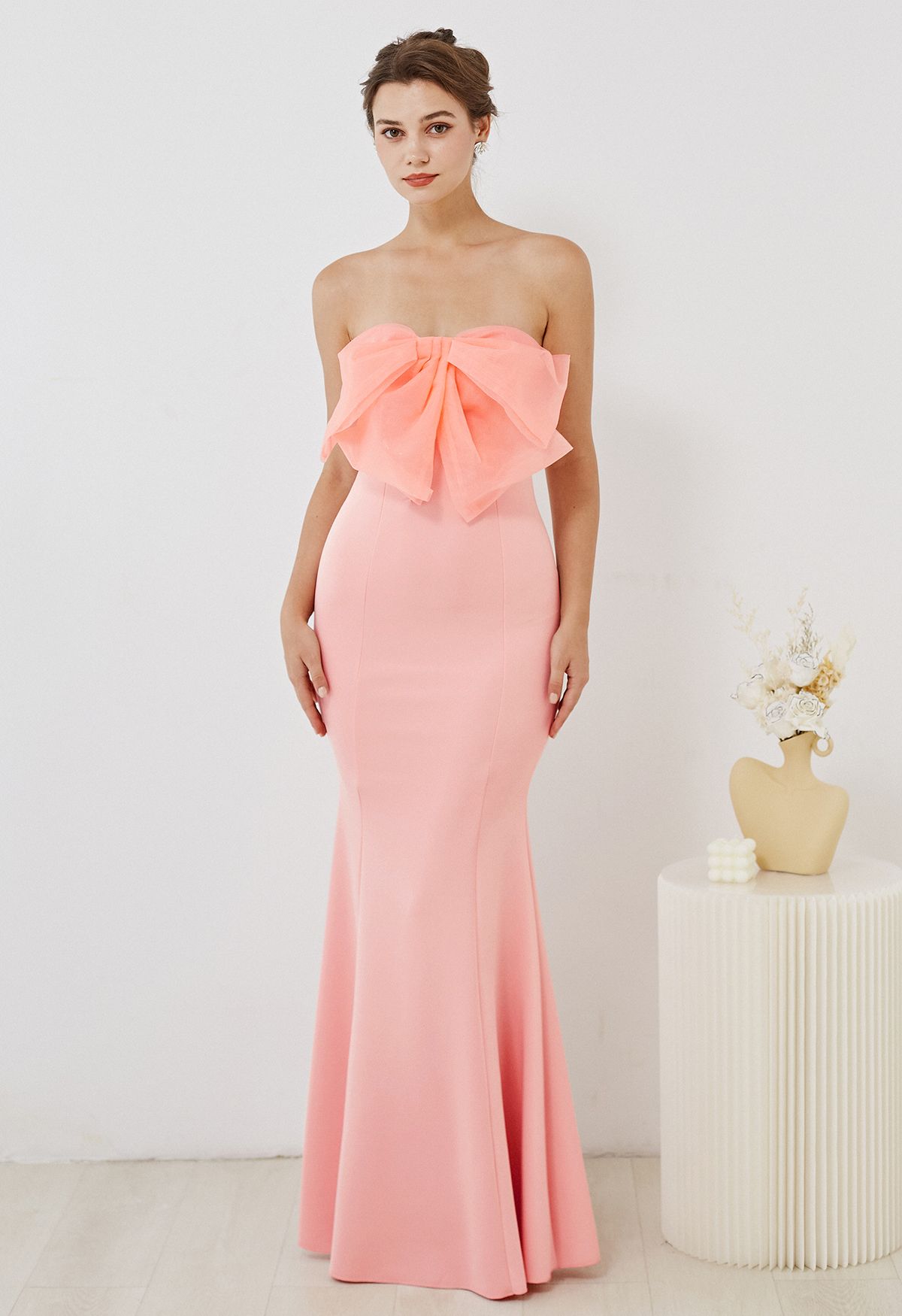Bowknot Strapless Mermaid Gown in Pink
