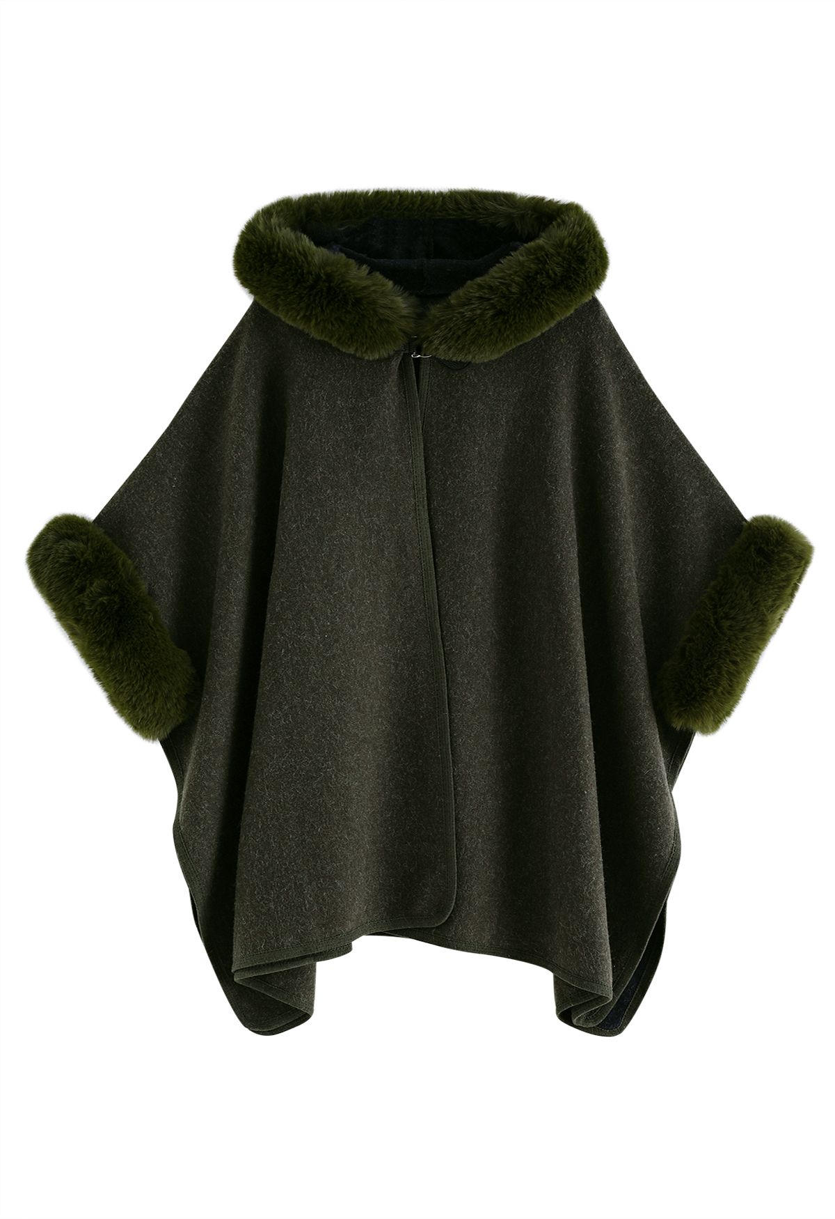 Cozy Faux Fur Hooded Poncho in Dark Green