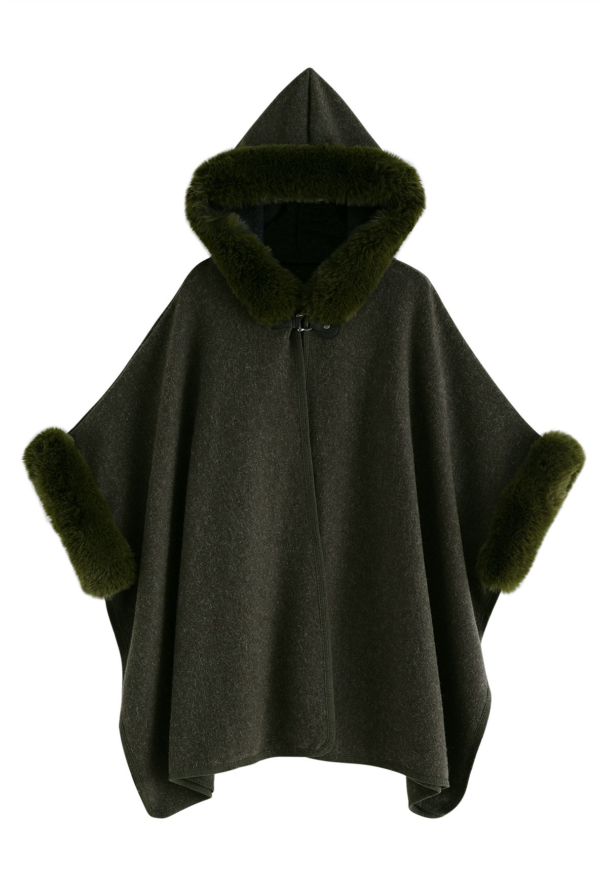 Cozy Faux Fur Hooded Poncho in Dark Green