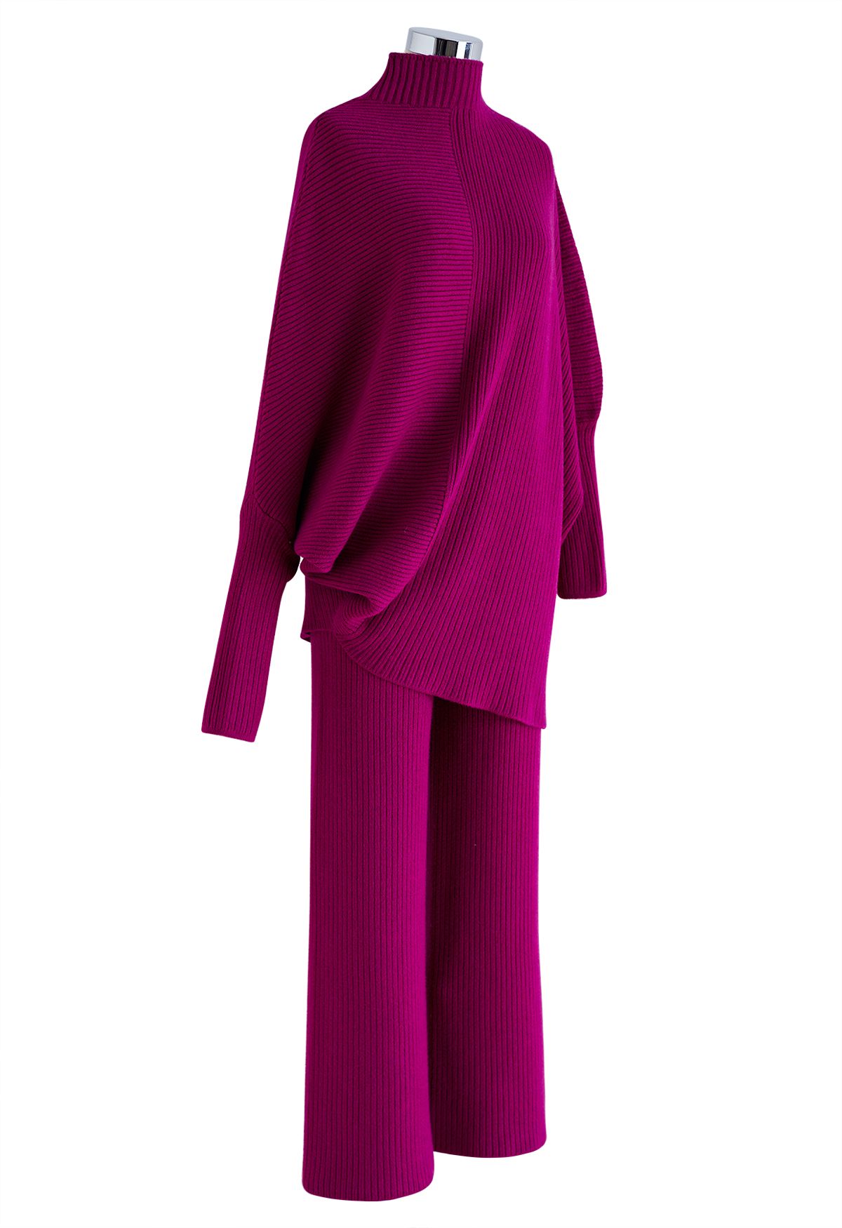 Asymmetric Batwing Sleeve Sweater and Pants Knit Set in Magenta