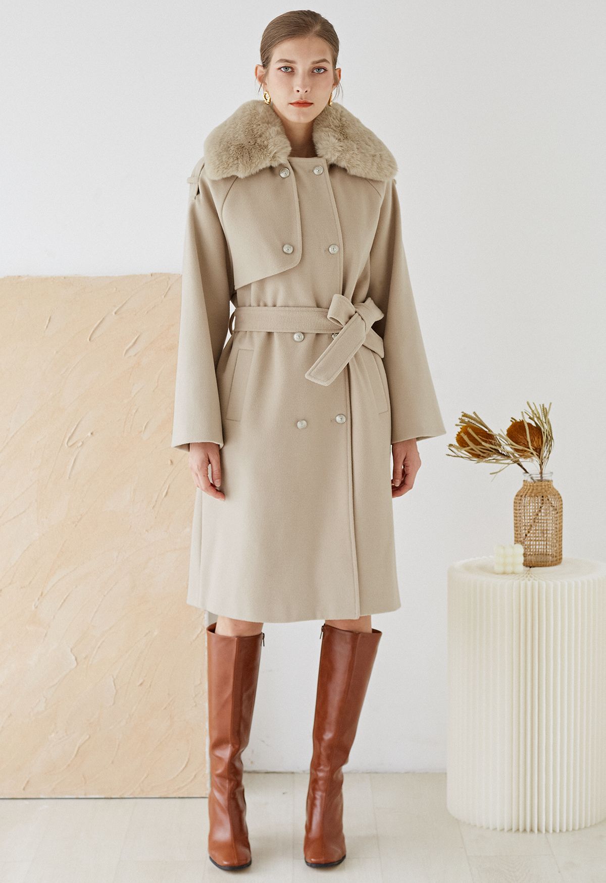 Faux Fur Collar Double Breasted Belted Coat in Oatmeal