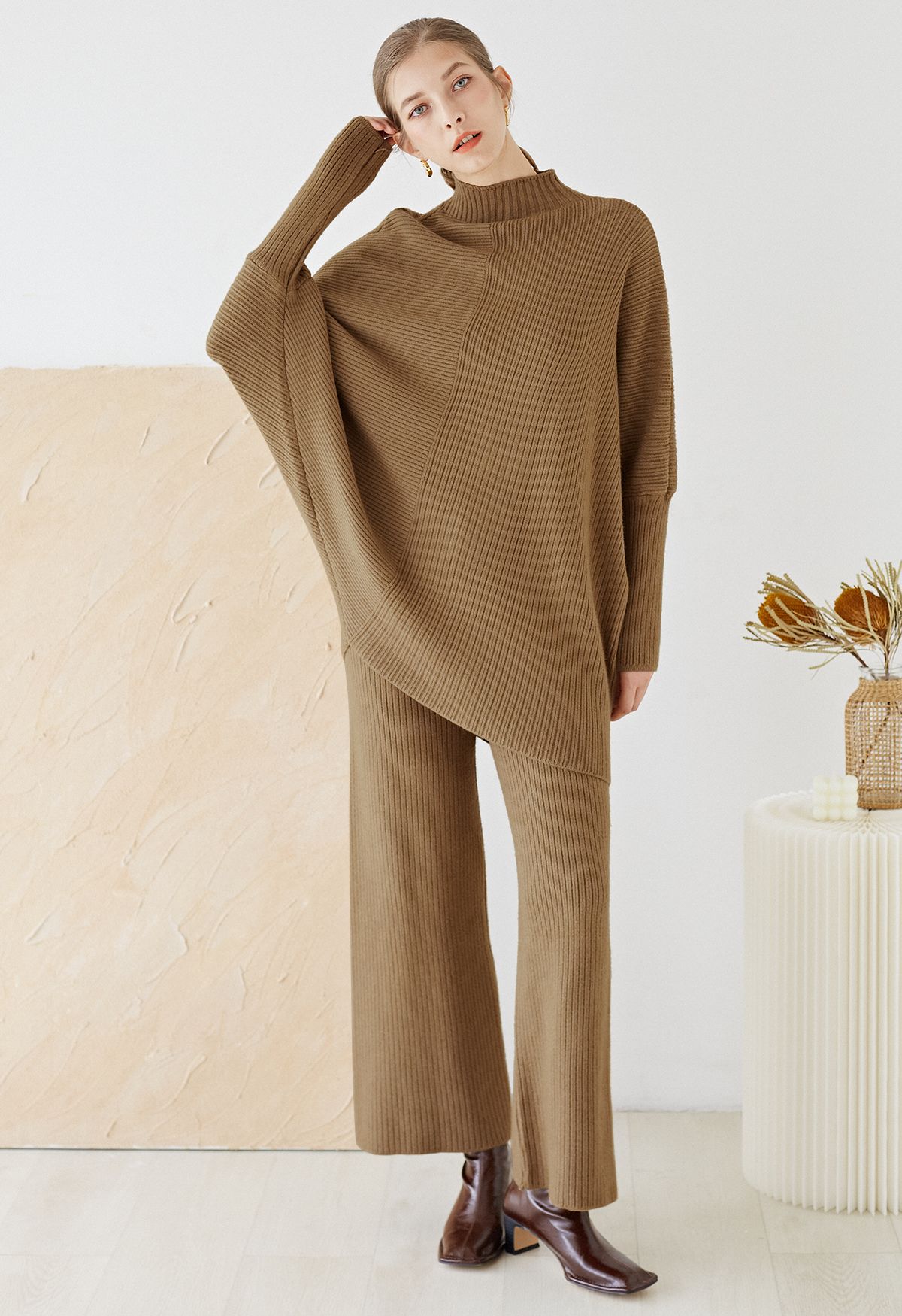 Asymmetric Batwing Sleeve Sweater and Pants Knit Set in Caramel
