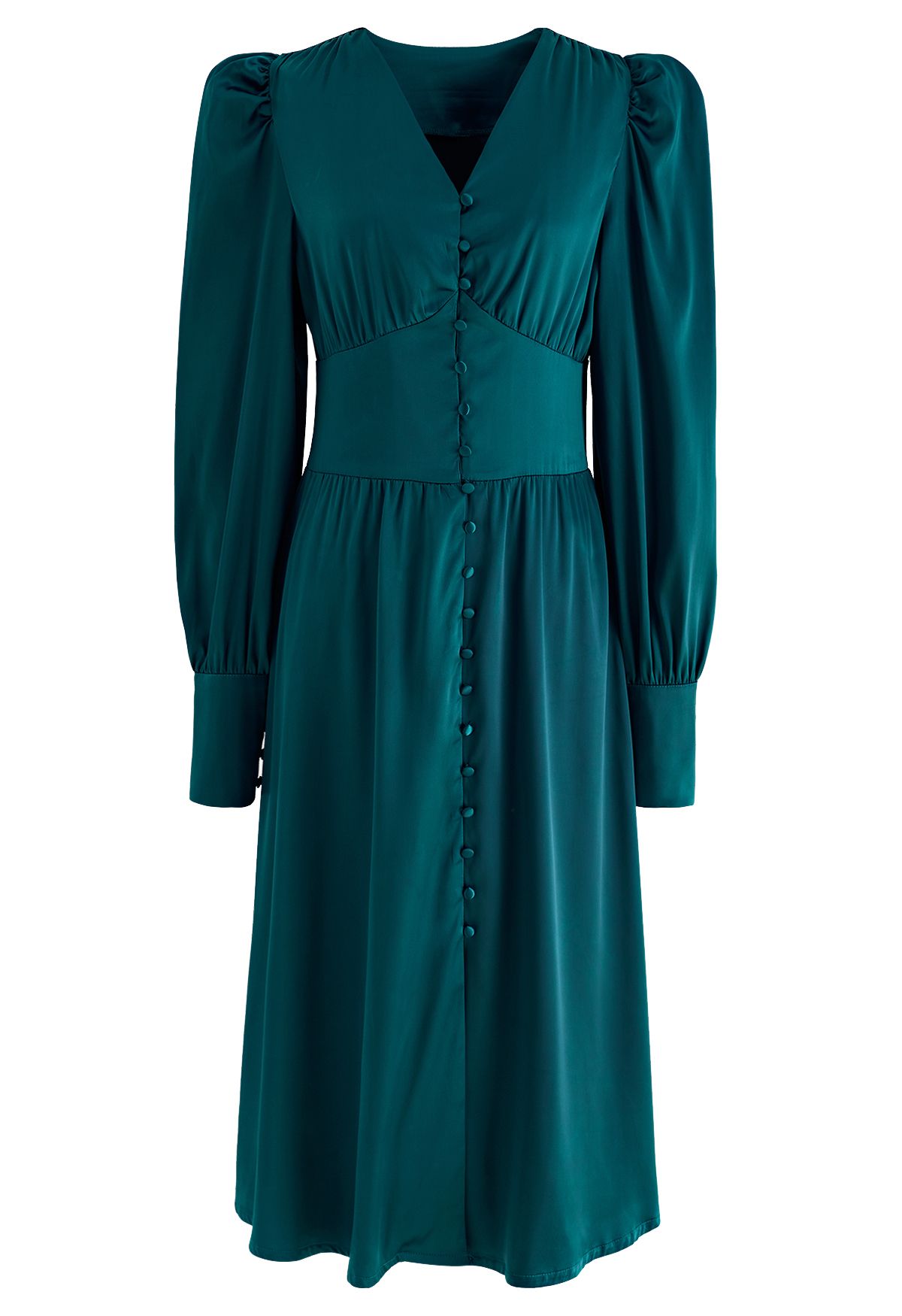 Puff Sleeves Button Up Satin Midi Dress in Emerald