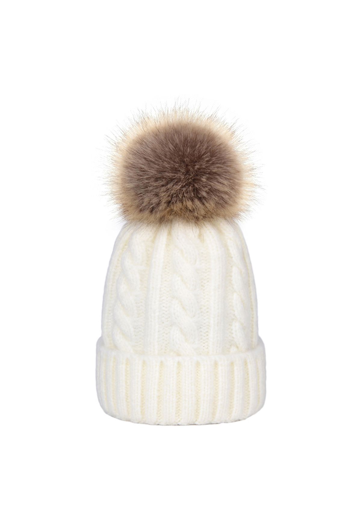 Braid Knit Pom-Pom Beanie Hat in Ivory