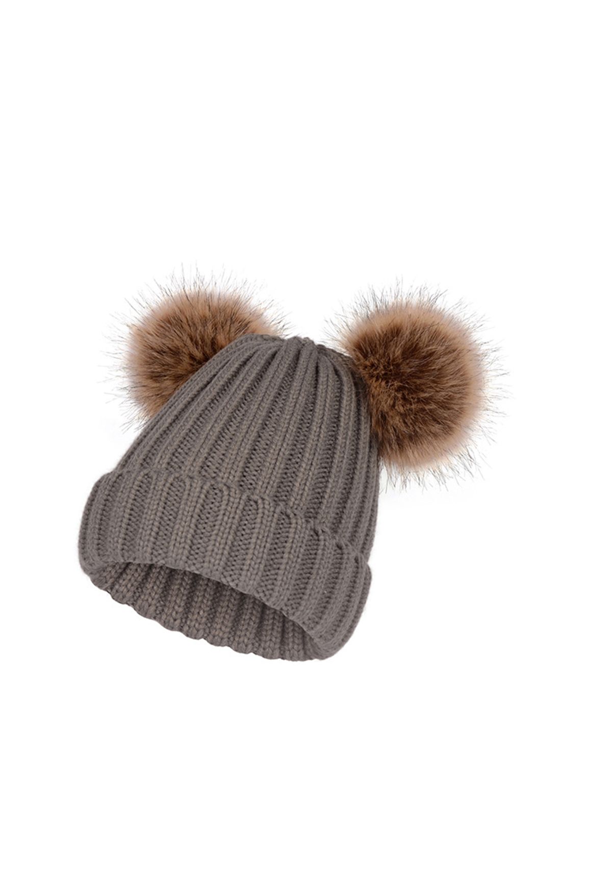 Fuzzy Pom-Pom Knit Beanie Hat in Smoke