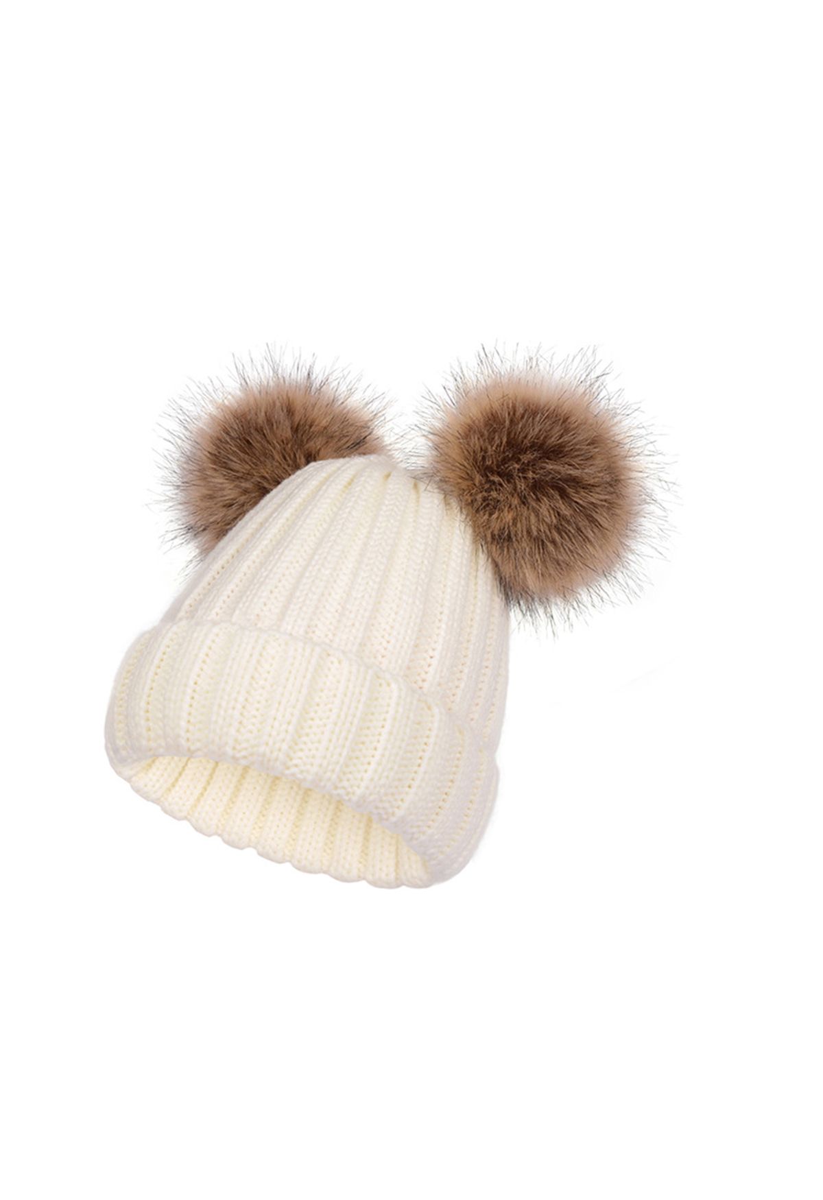 Fuzzy Pom-Pom Knit Beanie Hat in Ivory