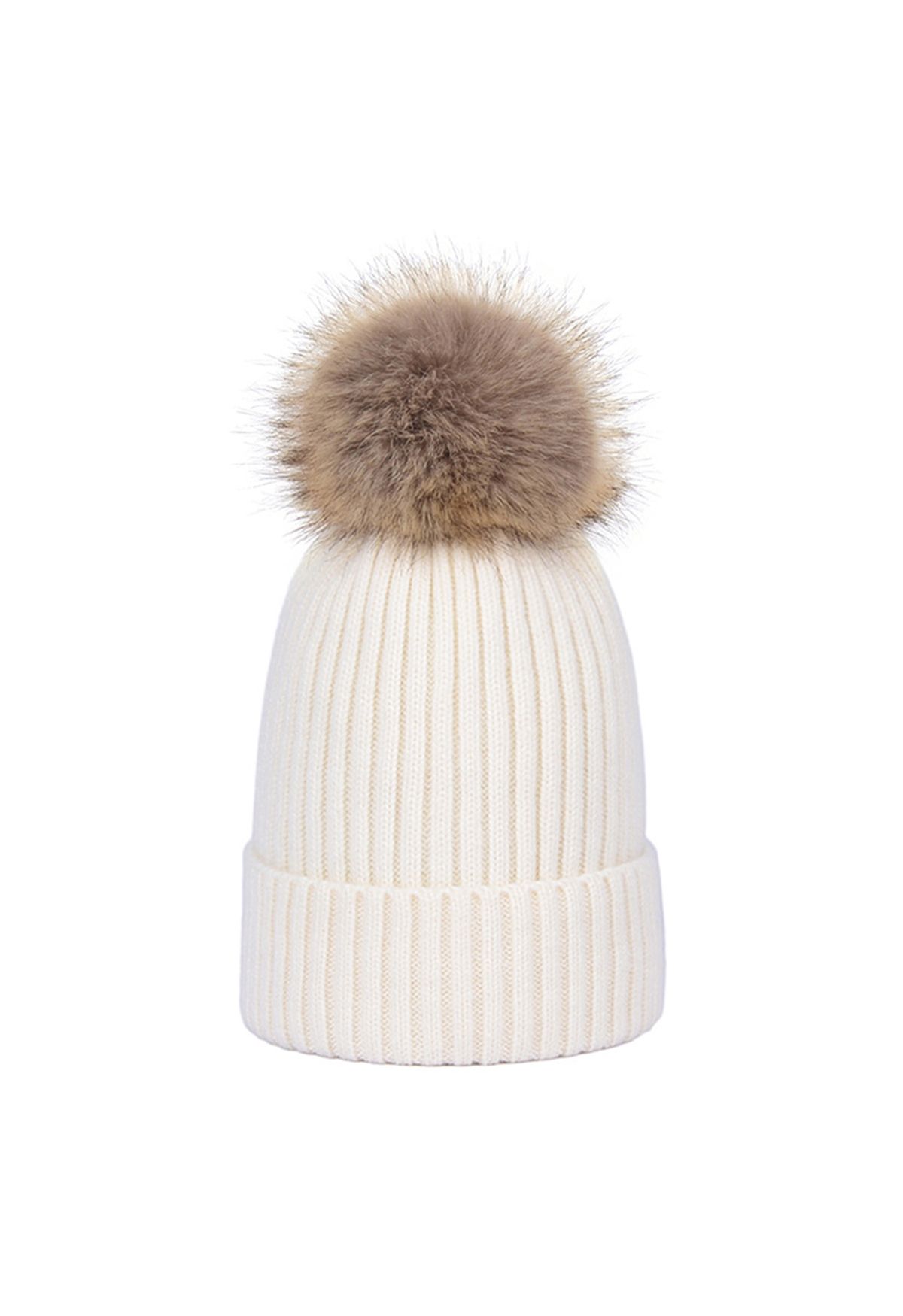 Pom-Pom Ribbed Knit Beanie Hat in Ivory