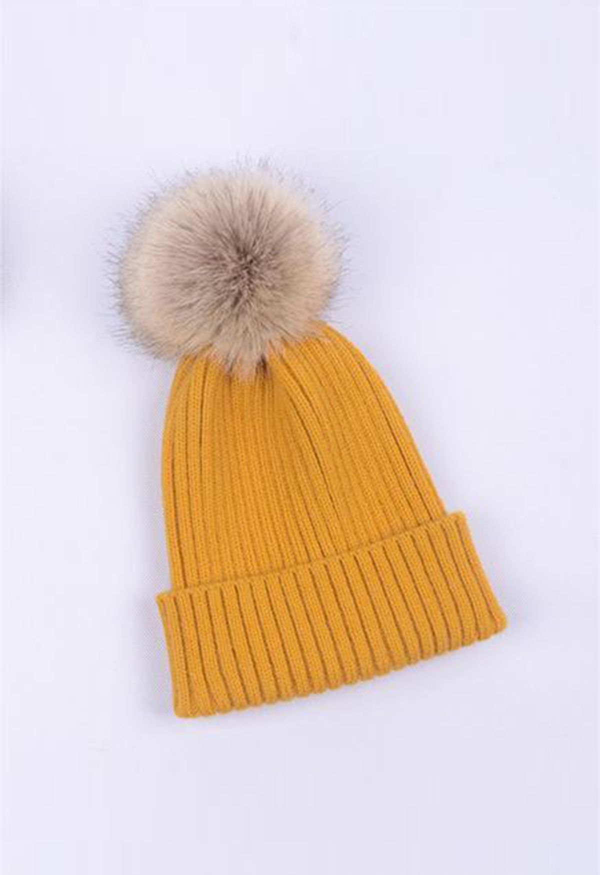 Pom-Pom Ribbed Knit Beanie Hat in Mustard
