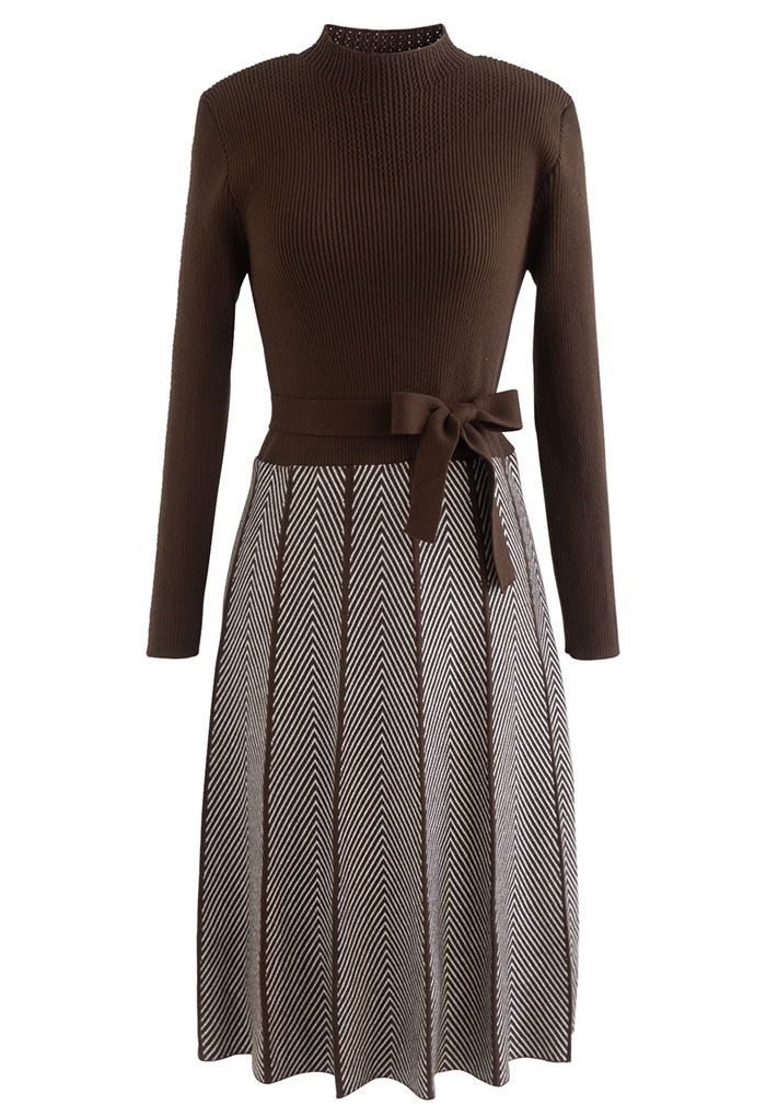 Herringbone Print Mock Neck Belted Knit Dress in Brown