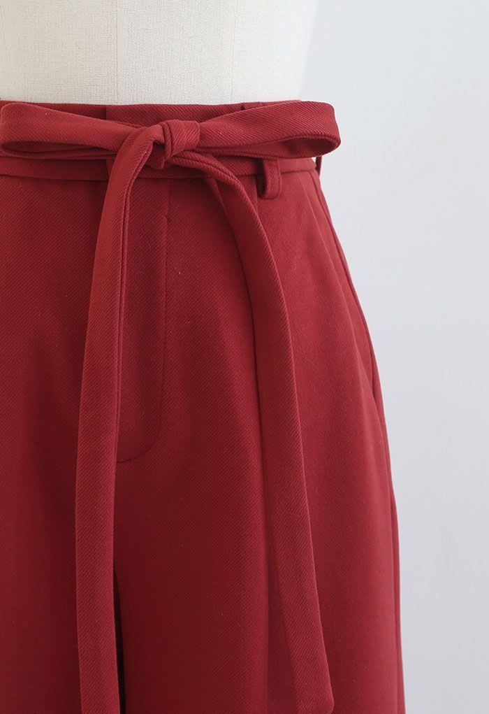 Wool-Blend Straight Leg Belted Pants in Red