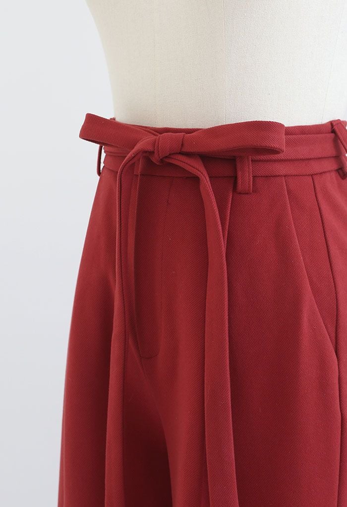 Wool-Blend Straight Leg Belted Pants in Red