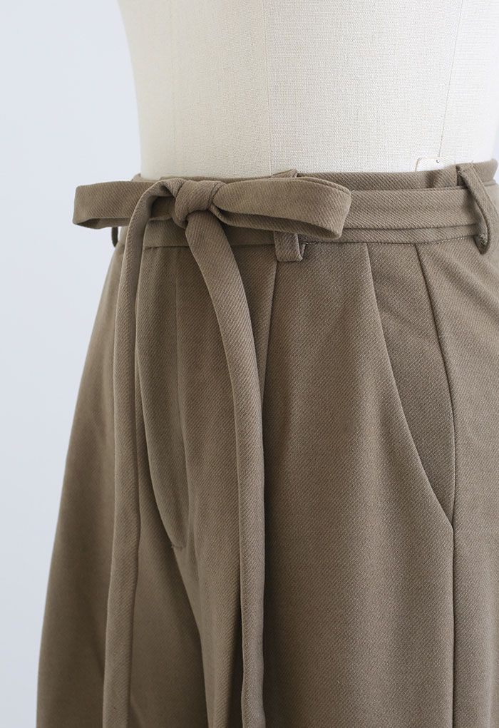 Wool-Blend Straight Leg Belted Pants in Khaki