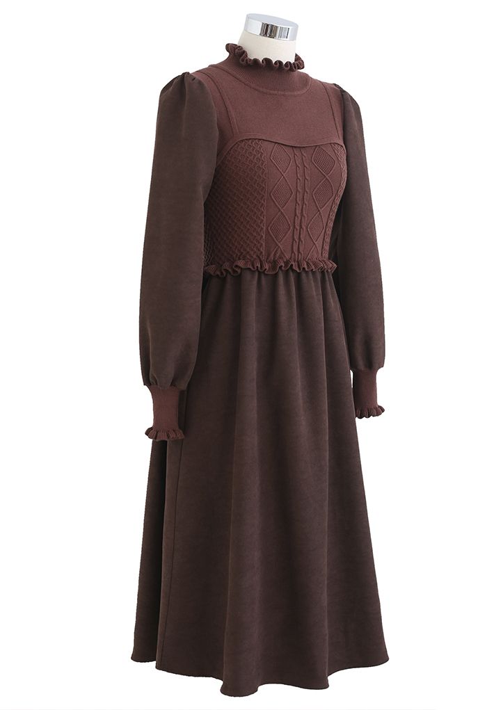 Ruffle Diamond Knit Spliced Midi Dress in Brown