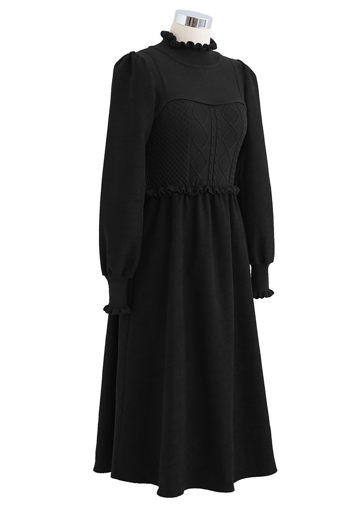Ruffle Diamond Knit Spliced Midi Dress in Black