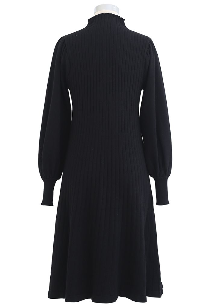 Mock Neck Button Trim Knit Dress in Black