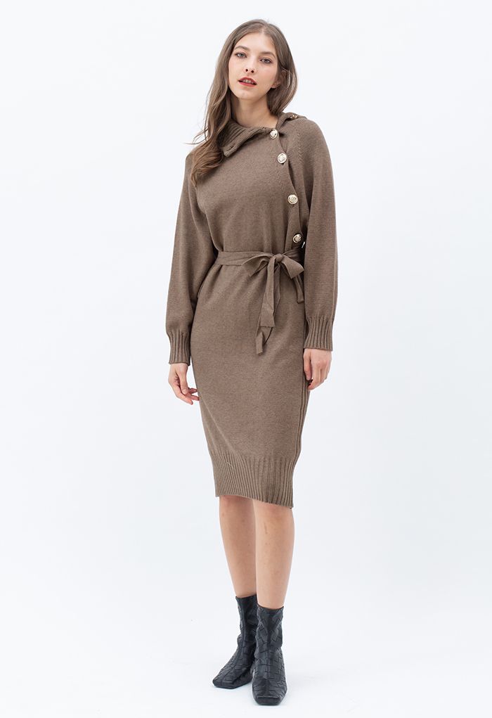 Buttoned Side Flap Collar Knit Midi Dress in Taupe