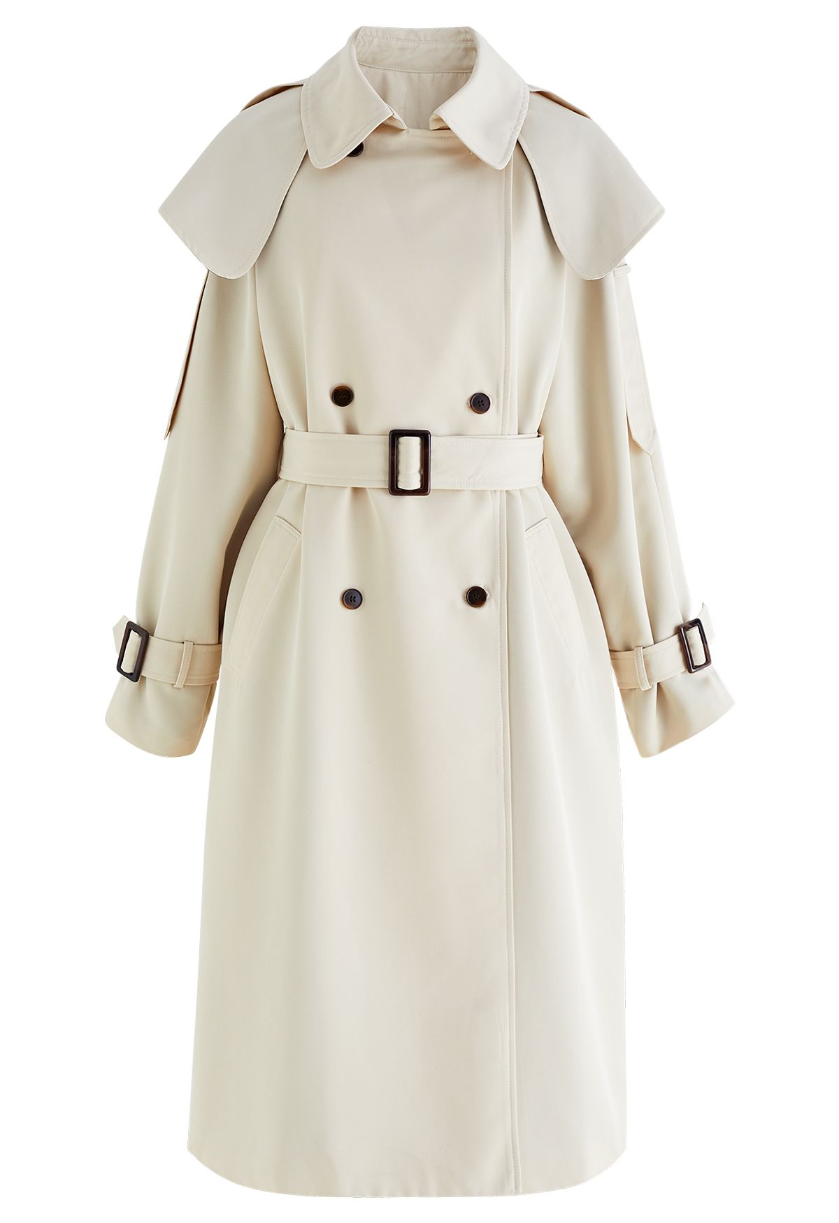 Storm Flap Double-Breasted Belted Trench Coat in Cream