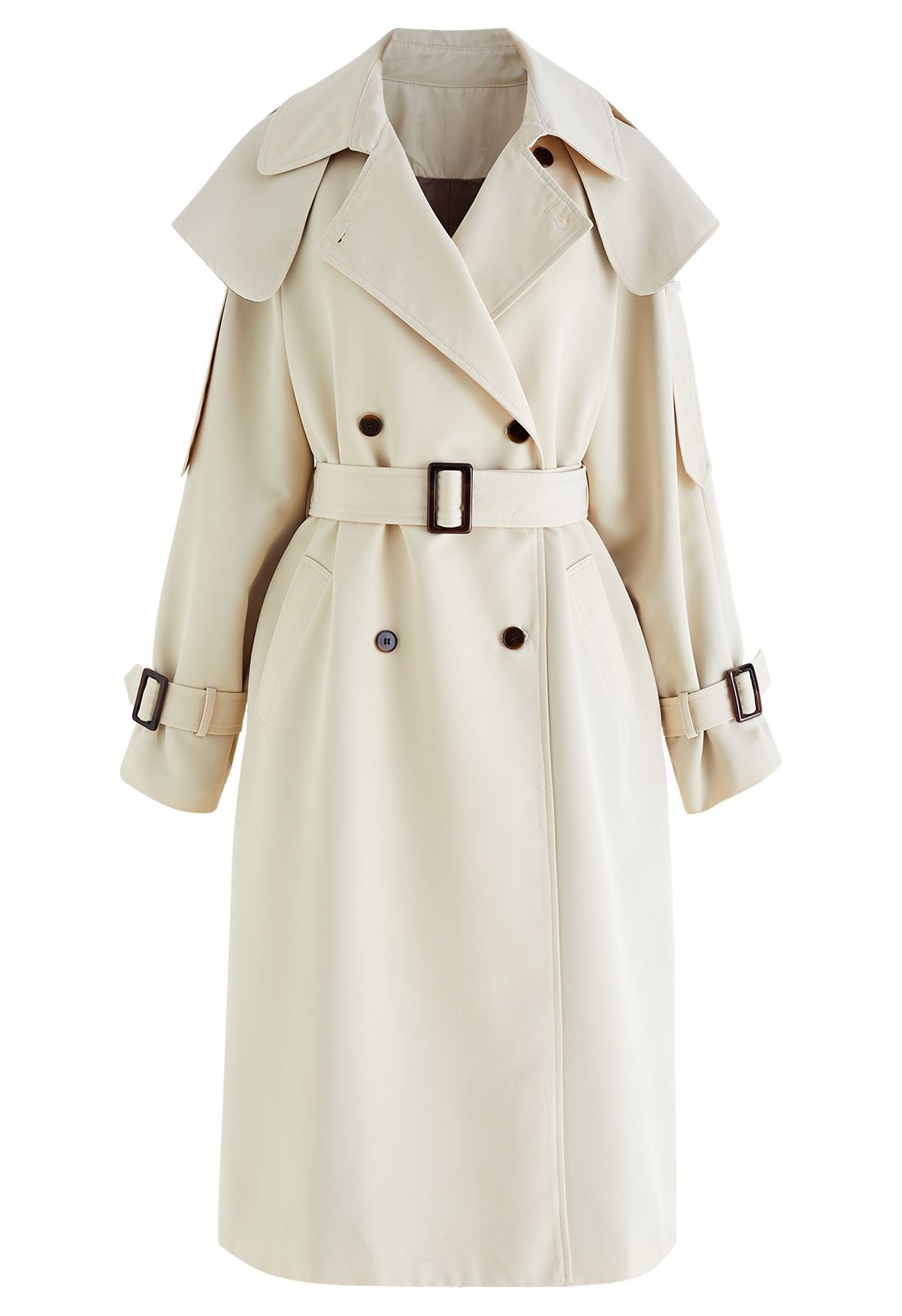 Storm Flap Double-Breasted Belted Trench Coat in Cream