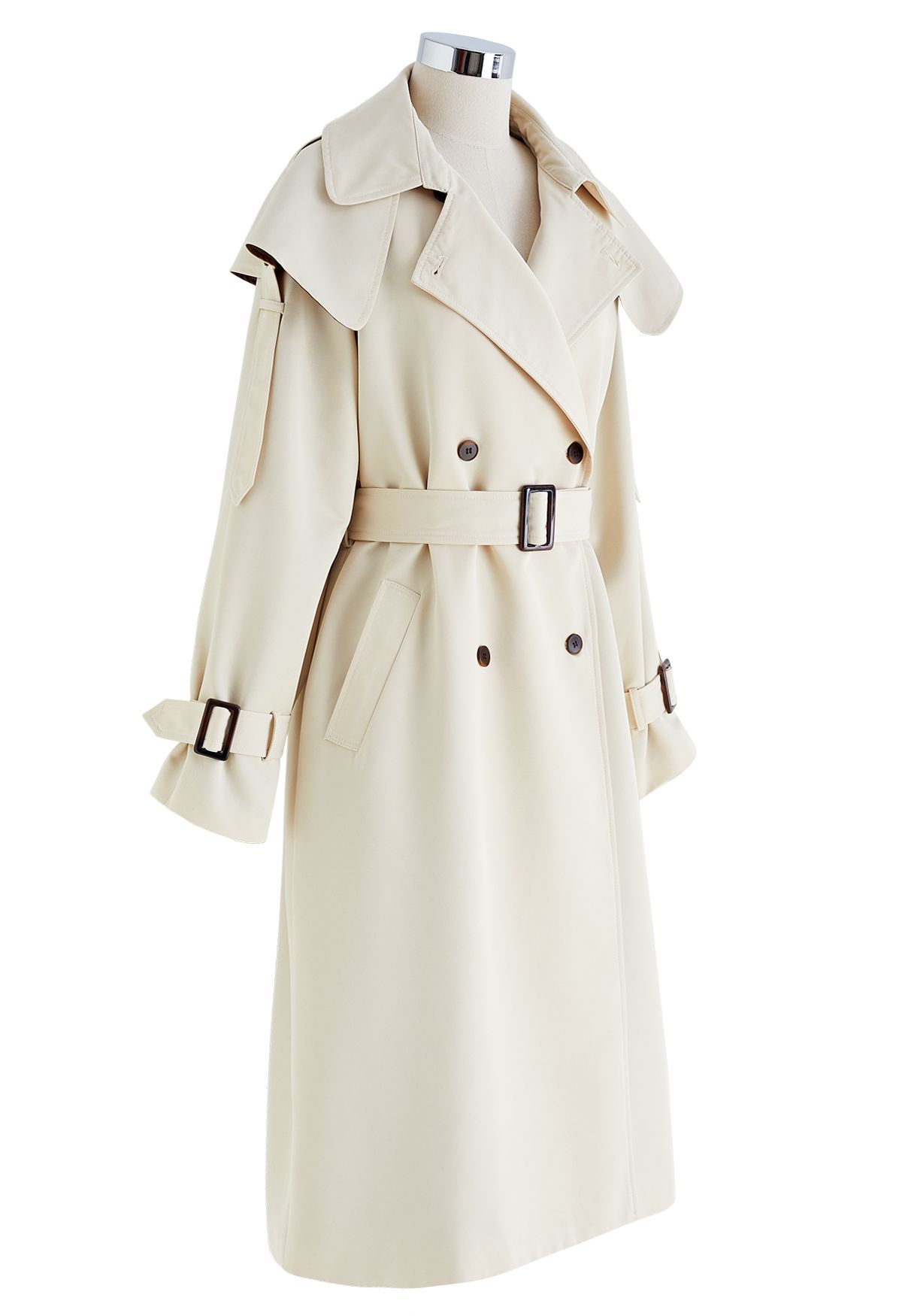 Storm Flap Double-Breasted Belted Trench Coat in Cream - Retro, Indie ...