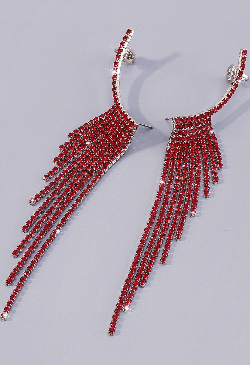 Glittering Wing Tassel Drop Earrings in Red