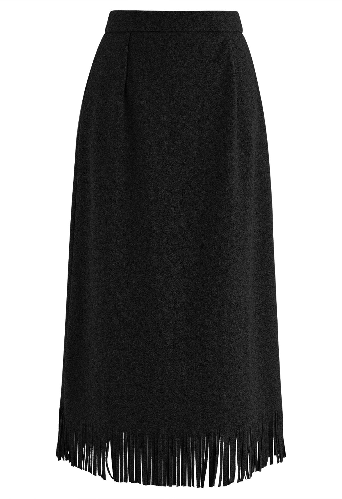 High Waist Fringe Hem Pencil Skirt in Black