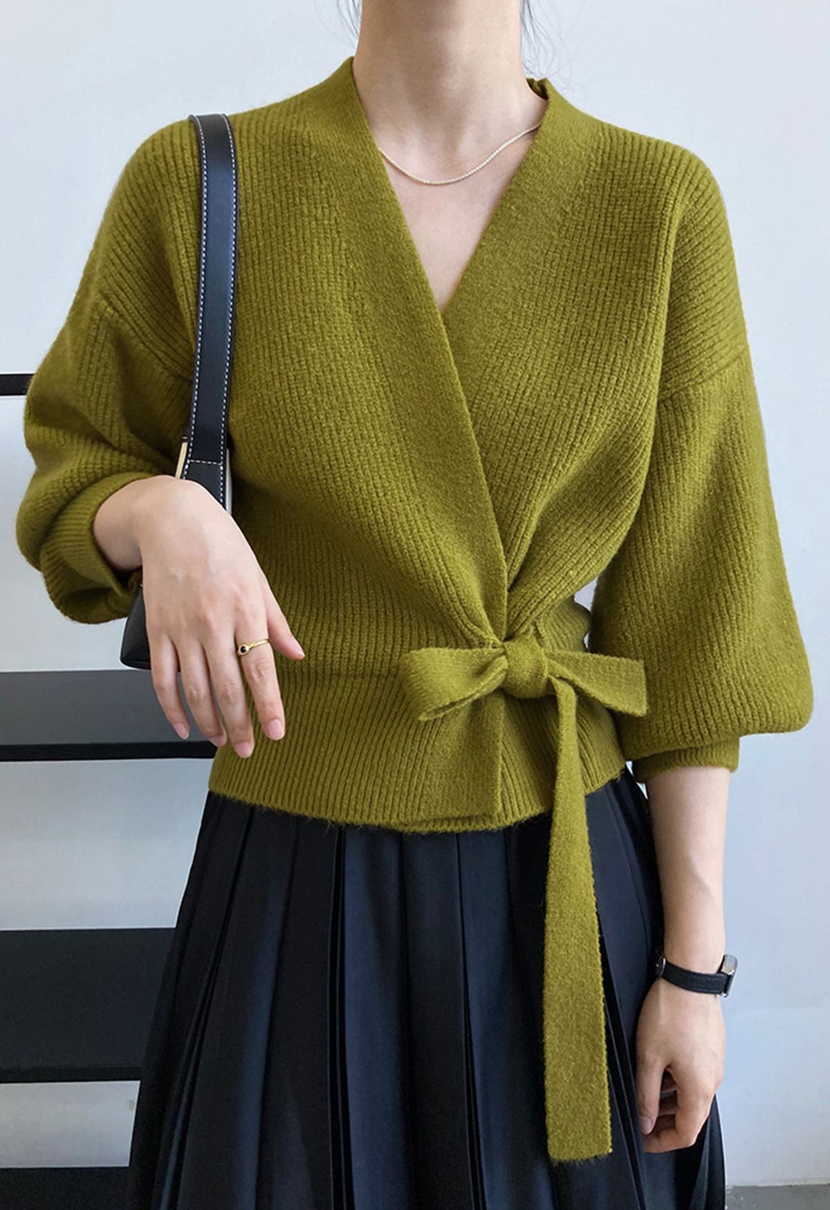 Self-Tie Bowknot Wrap Knit Top in Olive