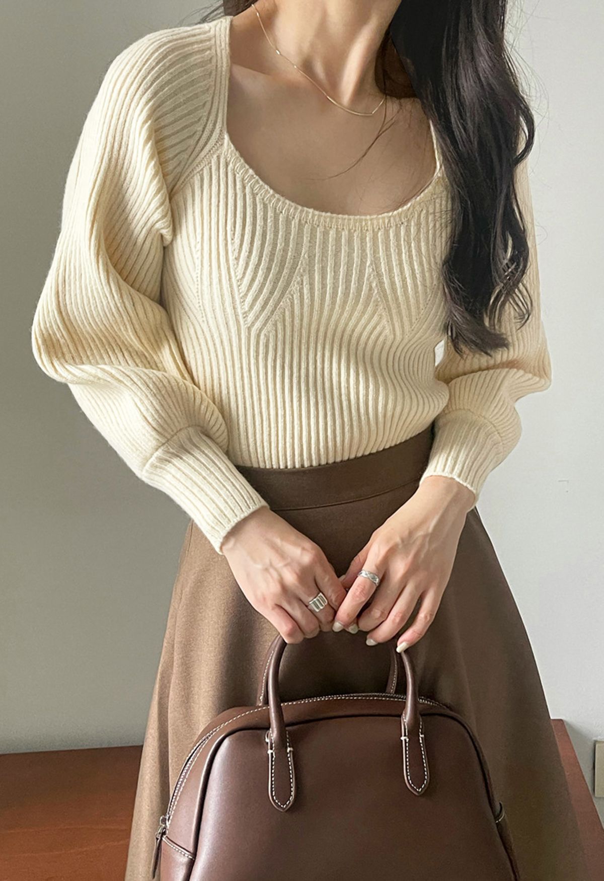 Wide Round Neck Rib Knit Top in Cream