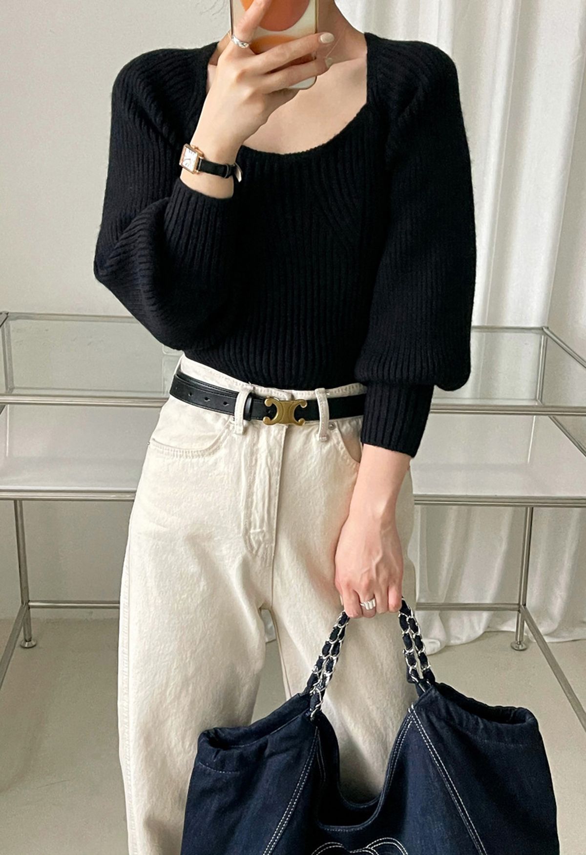 Wide Round Neck Rib Knit Top in Black