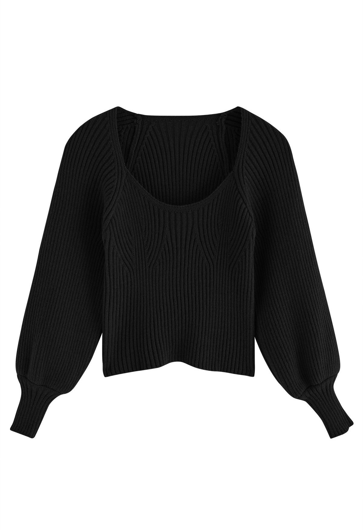 Wide Round Neck Rib Knit Top in Black