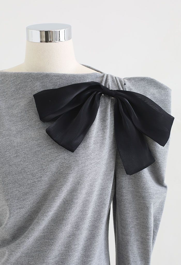 Mesh Bowknot Bubble Sleeve Top in Grey