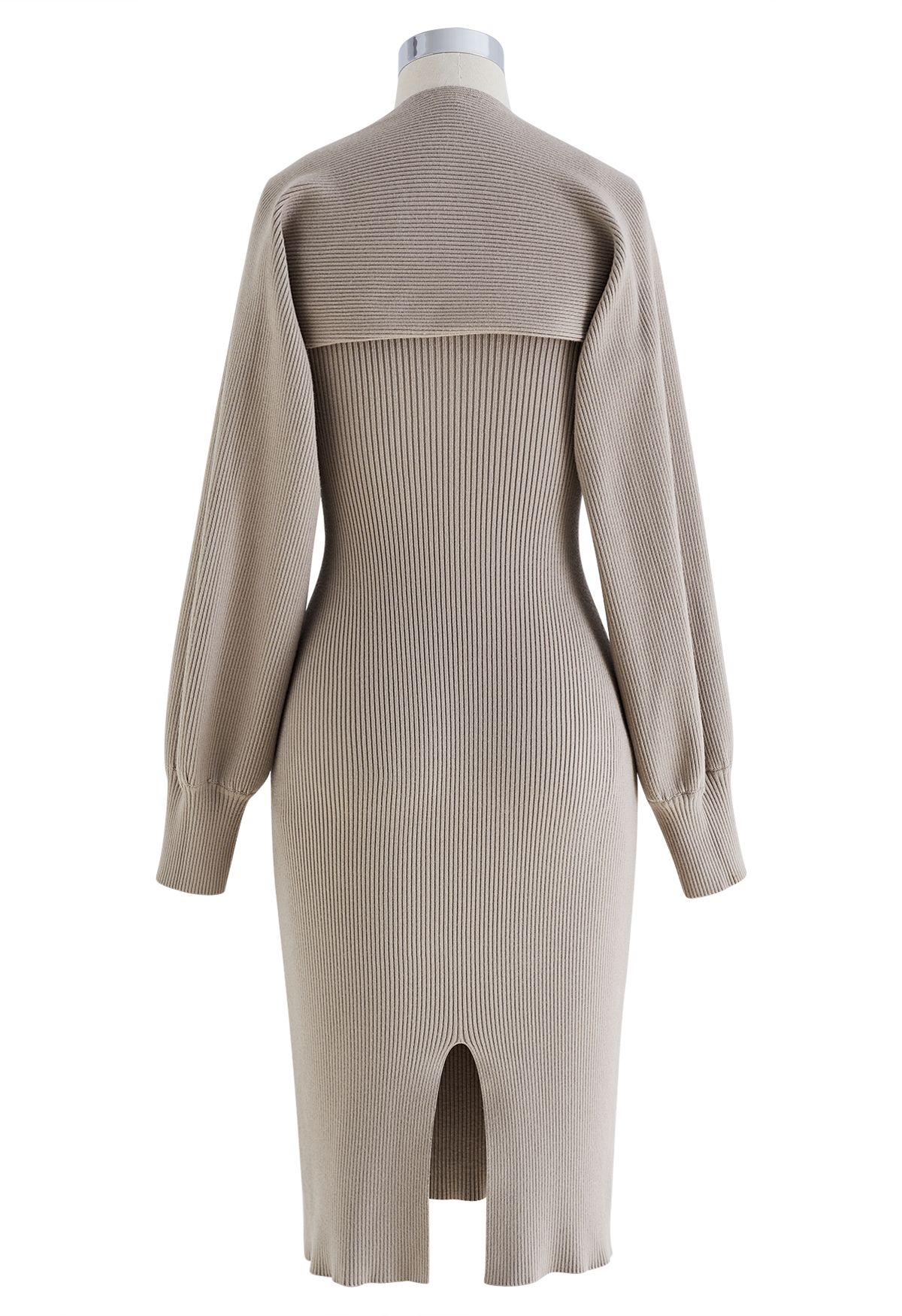 Feathered Ribbed Knit Twinset Dress in Taupe